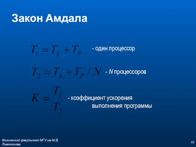 Закон Амдала - один процессор - N процессоров Физический факультет МГУ им М.В.Ломоносова