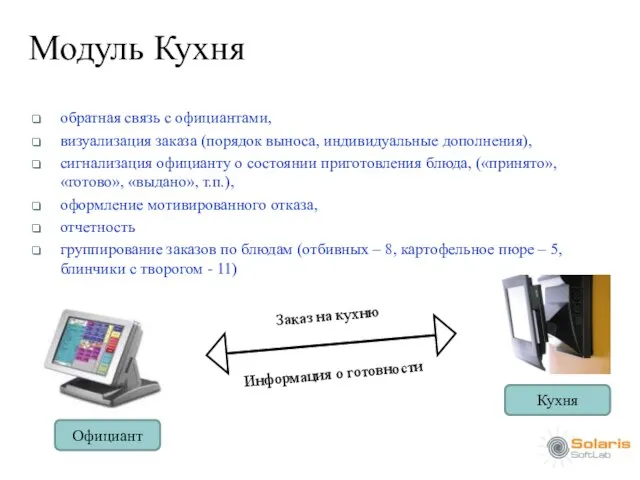 Модуль Кухня обратная связь с официантами, визуализация заказа (порядок выноса, индивидуальные дополнения),