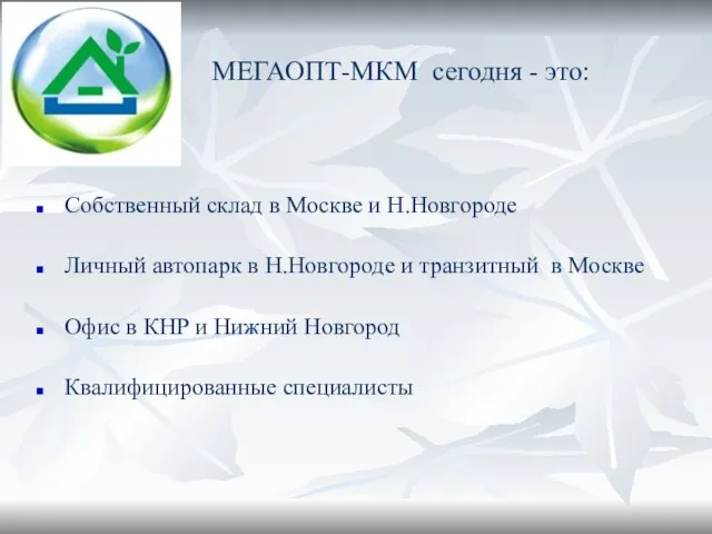 МЕГАОПТ-МКМ сегодня - это: Собственный склад в Москве и Н.Новгороде Личный автопарк