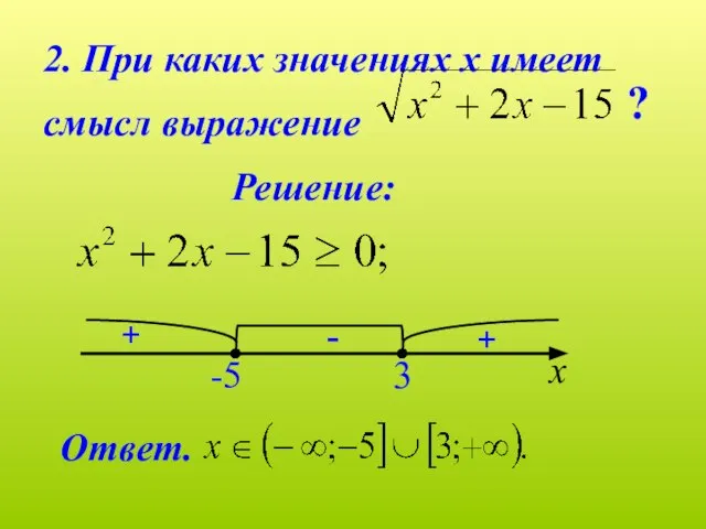 2. При каких значениях х имеет смысл выражение ? Решение: -5 3