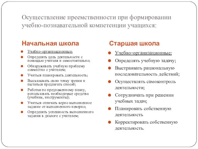 Осуществление преемственности при формировании учебно-познавательной компетенции учащихся: Начальная школа Старшая школа Учебно-организационные: