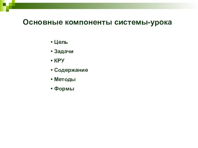 Основные компоненты системы-урока Цель Задачи КРУ Содержание Методы Формы