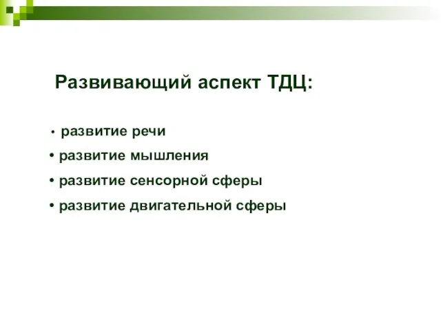 Развивающий аспект ТДЦ: развитие речи развитие мышления развитие сенсорной сферы развитие двигательной сферы