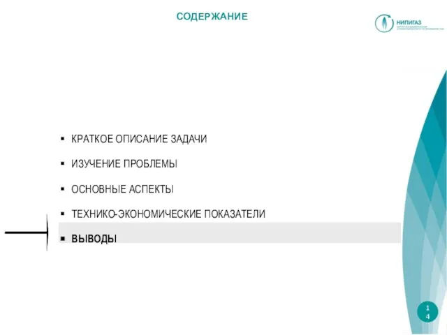 СОДЕРЖАНИЕ КРАТКОЕ ОПИСАНИЕ ЗАДАЧИ ИЗУЧЕНИЕ ПРОБЛЕМЫ ОСНОВНЫЕ АСПЕКТЫ ТЕХНИКО-ЭКОНОМИЧЕСКИЕ ПОКАЗАТЕЛИ ВЫВОДЫ 14