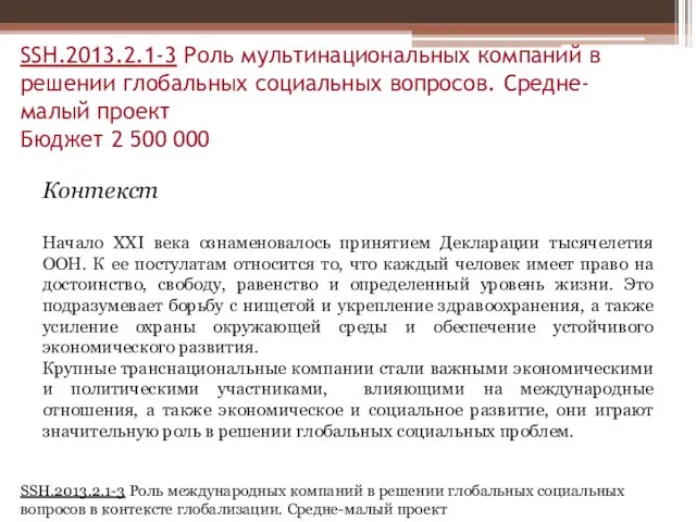 SSH.2013.2.1-3 Роль мультинациональных компаний в решении глобальных социальных вопросов. Средне-малый проект Бюджет