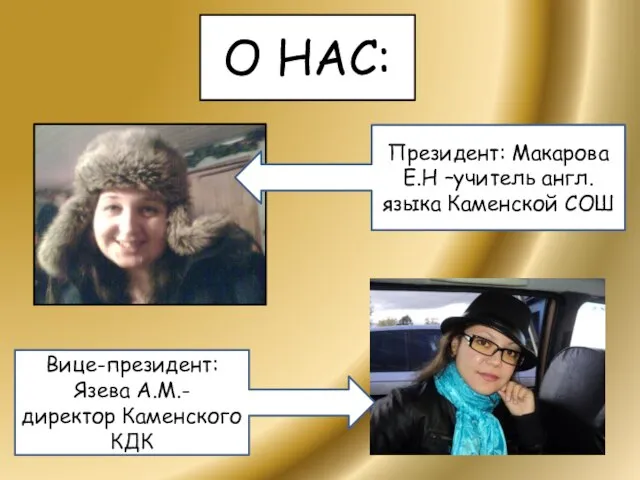 О НАС: Президент: Макарова Е.Н –учитель англ. языка Каменской СОШ Вице-президент: Язева А.М.- директор Каменского КДК