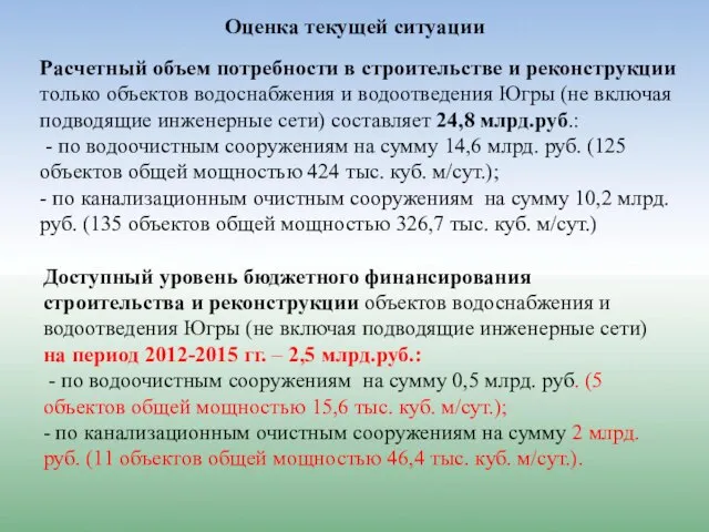 Расчетный объем потребности в строительстве и реконструкции только объектов водоснабжения и водоотведения