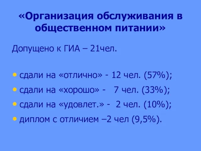 «Организация обслуживания в общественном питании» Допущено к ГИА – 21чел. сдали на