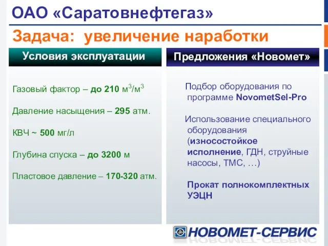 ОАО «Саратовнефтегаз» Газовый фактор – до 210 м3/м3 Давление насыщения – 295