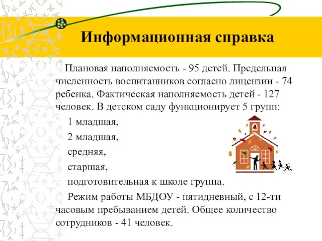 Информационная справка Плановая наполняемость - 95 детей. Предельная численность воспитанников согласно лицензии