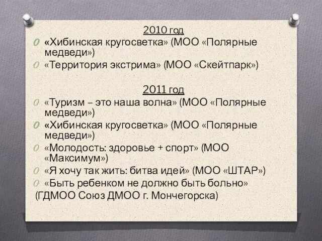 2010 год «Хибинская кругосветка» (МОО «Полярные медведи») «Территория экстрима» (МОО «Скейтпарк») 2011