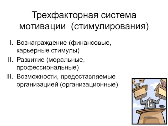 Трехфакторная система мотивации (стимулирования) Вознаграждение (финансовые, карьерные стимулы) Развитие (моральные, профессиональные) Возможности, предоставляемые организацией (организационные)