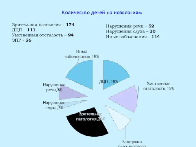 Количество детей по нозологиям Зрительная патология – 174 ДЦП – 111 Умственная