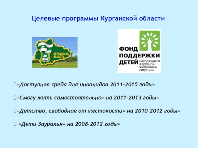 Целевые программы Курганской области «Доступная среда для инвалидов 2011-2015 годы» «Смогу жить