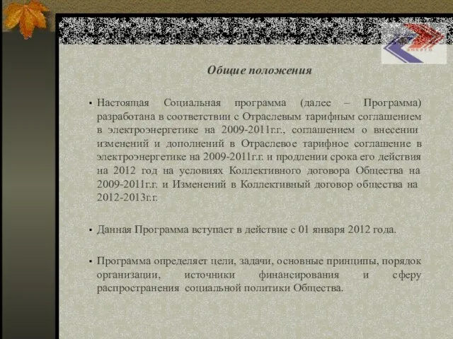 Социальная программа ОАО «Сахалинэнерго» Общие положения Настоящая Социальная программа (далее – Программа)