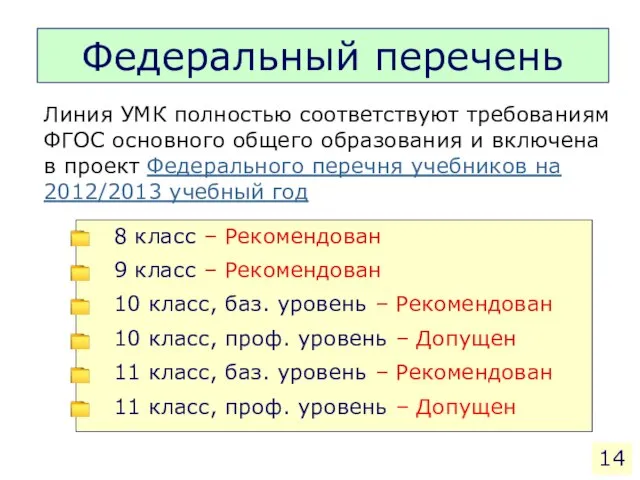 Федеральный перечень 8 класс – Рекомендован 9 класс – Рекомендован 10 класс,