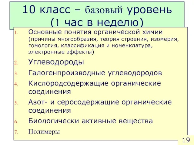 10 класс – базовый уровень (1 час в неделю) Основные понятия органической