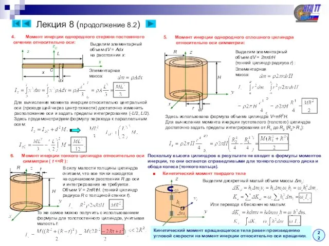 Лекция 8 (продолжение 8.2) 22 Момент инерции однородного стержня постоянного сечения относительно