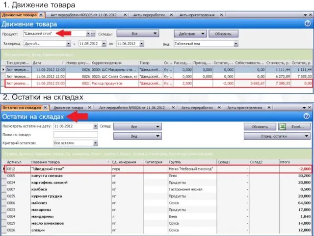 1. Движение товара 2. Остатки на складах