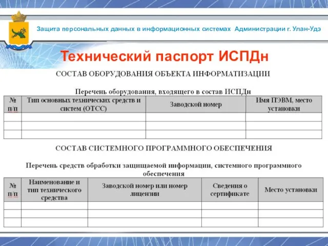 Защита персональных данных в информационных системах Администрации г. Улан-Удэ Технический паспорт ИСПДн