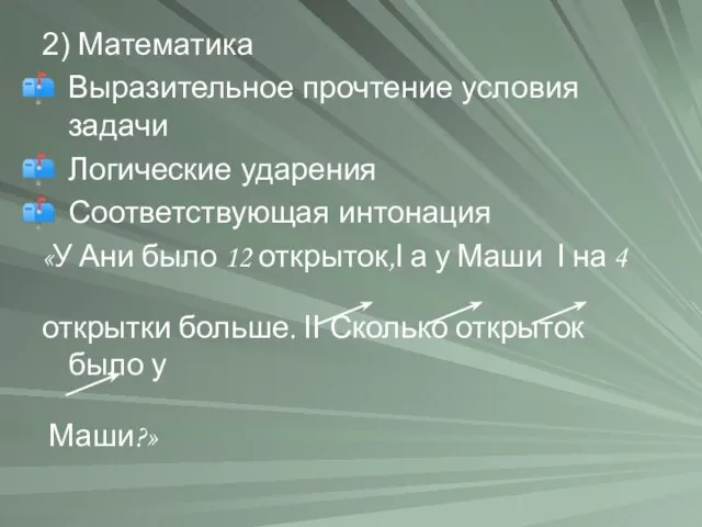 2) Математика Выразительное прочтение условия задачи Логические ударения Соответствующая интонация «У Ани