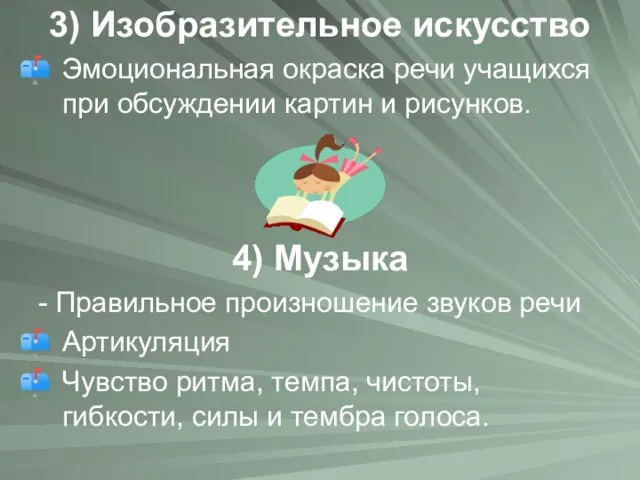 3) Изобразительное искусство Эмоциональная окраска речи учащихся при обсуждении картин и рисунков.