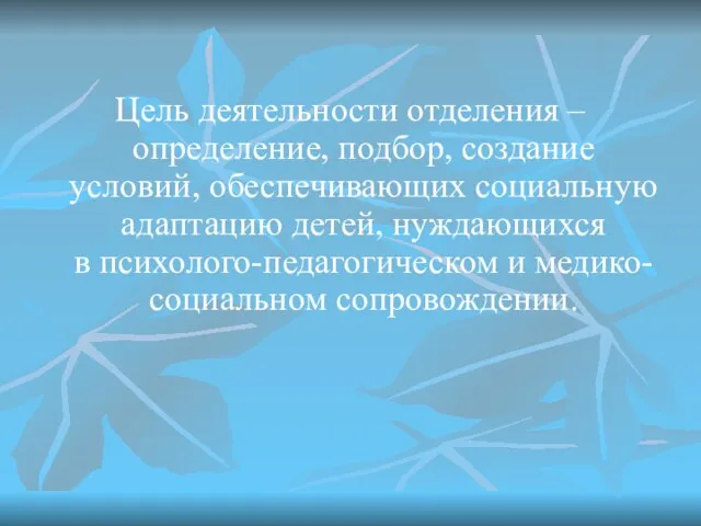 Цель деятельности отделения – определение, подбор, создание условий, обеспечивающих социальную адаптацию детей,