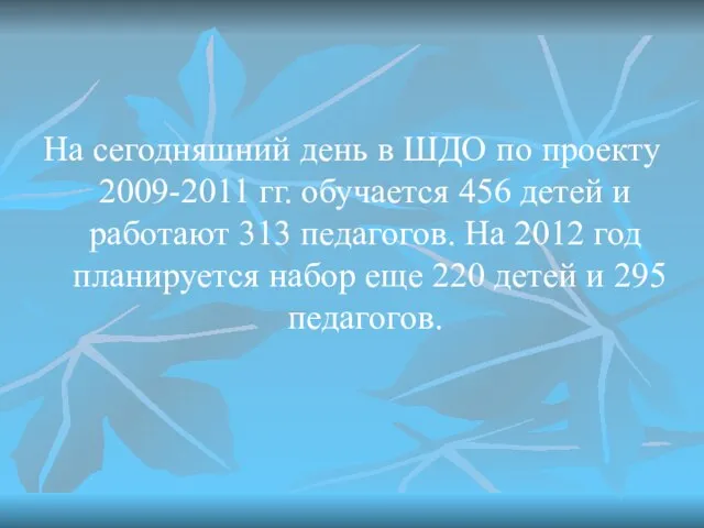 На сегодняшний день в ШДО по проекту 2009-2011 гг. обучается 456 детей