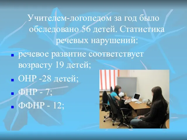 Учителем-логопедом за год было обследовано 56 детей. Статистика речевых нарушений: речевое развитие