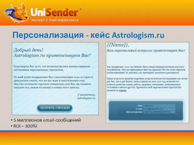 Персонализация - кейс Astrologism.ru 5 миллионов email-сообщений ROI – 300%!