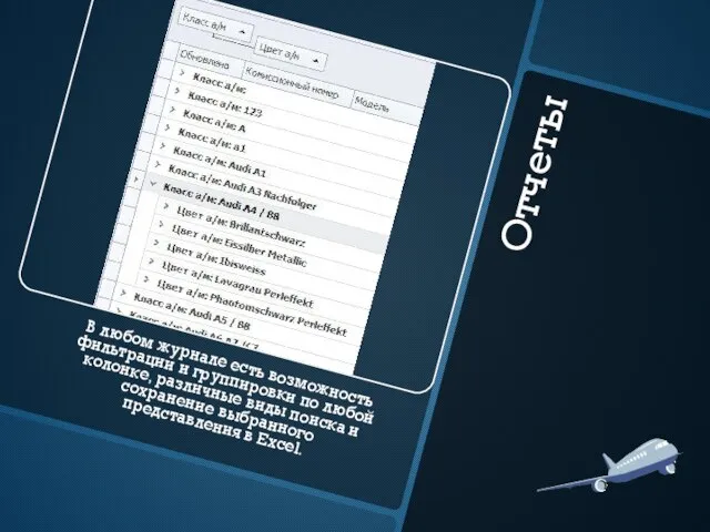 Отчеты В любом журнале есть возможность фильтрации и группировки по любой колонке,