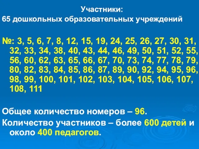 Участники: 65 дошкольных образовательных учреждений №: 3, 5, 6, 7, 8, 12,