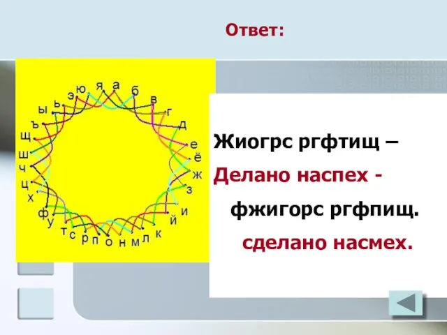 Ответ: Жиогрс ргфтищ – Делано наспех - фжигорс ргфпищ. сделано насмех.