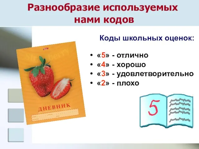 Разнообразие используемых нами кодов Коды школьных оценок: «5» - отлично «4» -