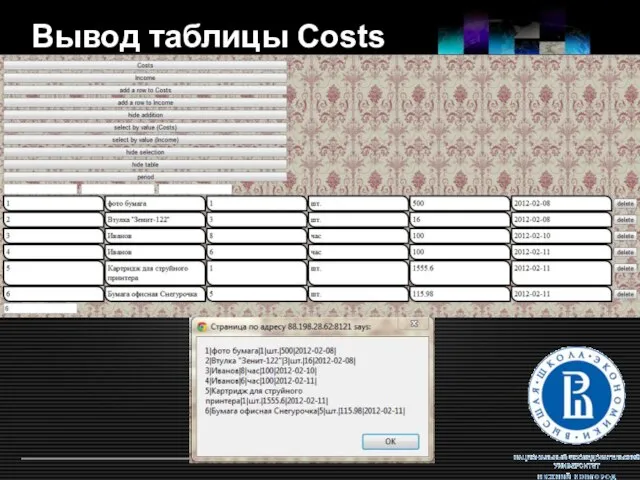 Вывод таблицы Costs