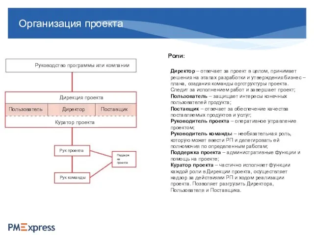 Организация проекта Руководство программы или компании Дирекция проекта Директор Пользователь Поставщик Рук