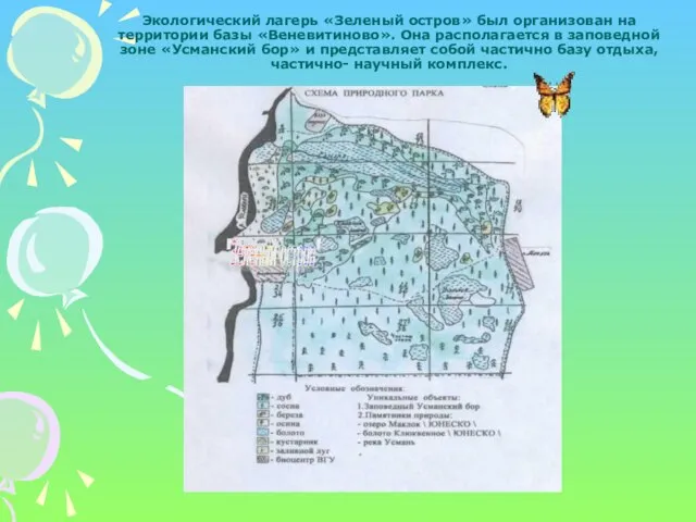 Экологический лагерь «Зеленый остров» был организован на территории базы «Веневитиново». Она располагается