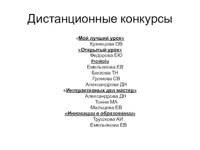 Дистанционные конкурсы «Мой лучший урок» Кузнецова ОВ «Открытый урок» Федорова ЕЮ Proskolu