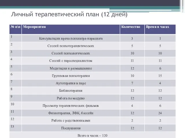 Личный терапевтический план (12 дней)