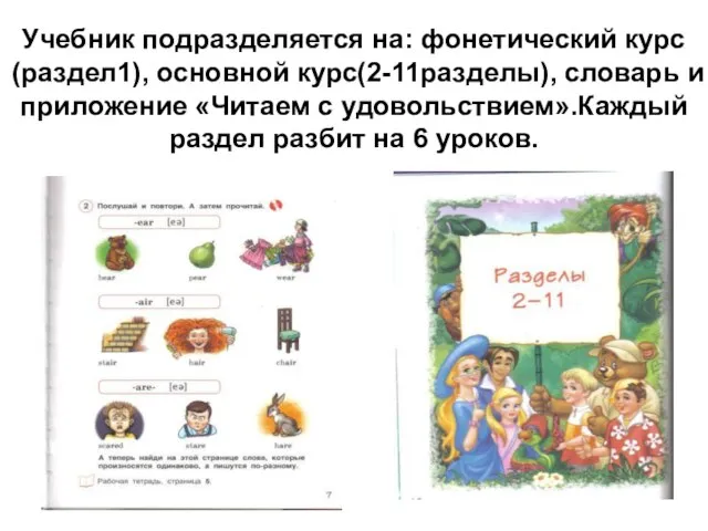 Учебник подразделяется на: фонетический курс(раздел1), основной курс(2-11разделы), словарь и приложение «Читаем с