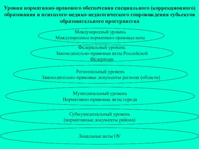 Региональный уровень Законодательно-правовые документы региона (области) Уровни нормативно-правового обеспечения специального (коррекционного) образования