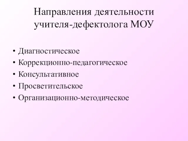 Направления деятельности учителя-дефектолога МОУ Диагностическое Коррекционно-педагогическое Консультативное Просветительское Организационно-методическое