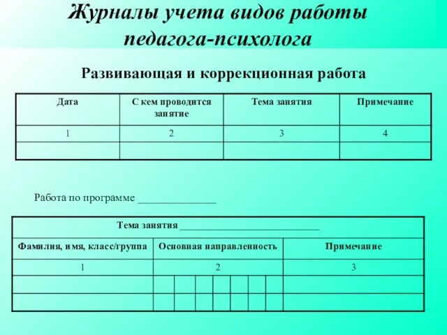 Журналы учета видов работы педагога-психолога Развивающая и коррекционная работа Работа по программе ______________