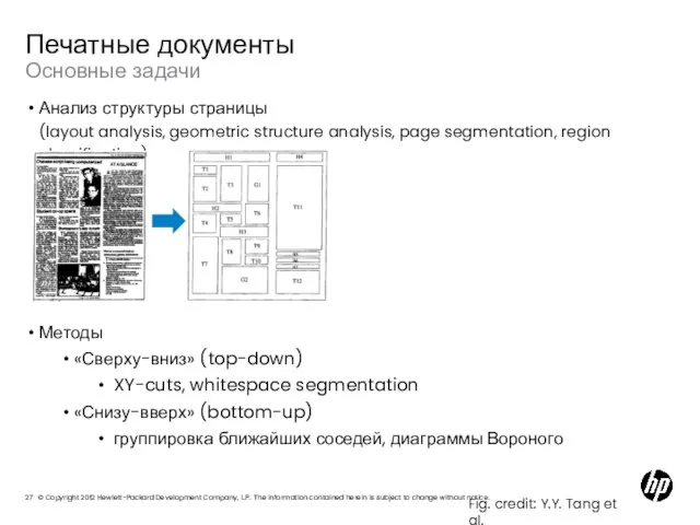 Основные задачи Печатные документы Анализ структуры страницы (layout analysis, geometric structure analysis,