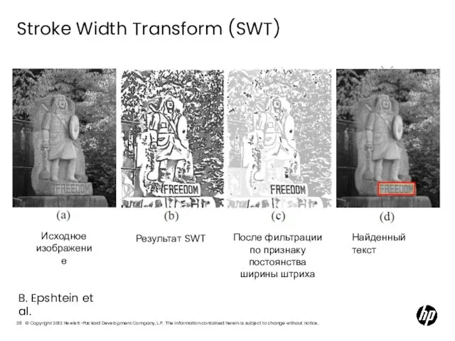 Stroke Width Transform (SWT) B. Epshtein et al. Исходное изображение Результат SWT