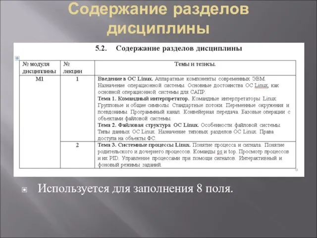 Содержание разделов дисциплины Используется для заполнения 8 поля.