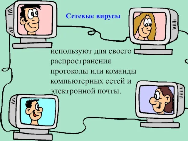 Сетевые вирусы используют для своего распространения протоколы или команды компьютерных сетей и электронной почты.