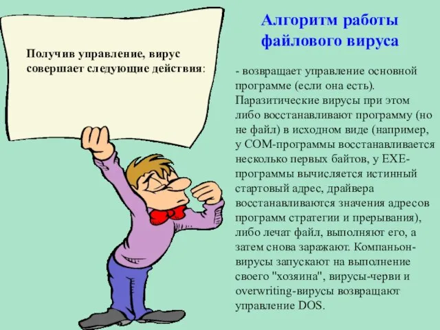 Алгоритм работы файлового вируса Получив управление, вирус совершает следующие действия: - возвращает