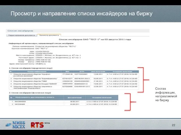 Просмотр и направление списка инсайдеров на биржу Состав информации, направляемой на биржу