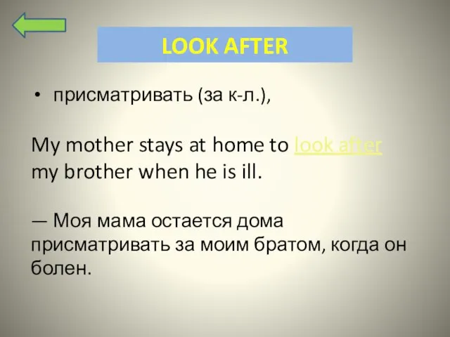 LOOK AFTER присматривать (за к-л.), My mother stays at home to look